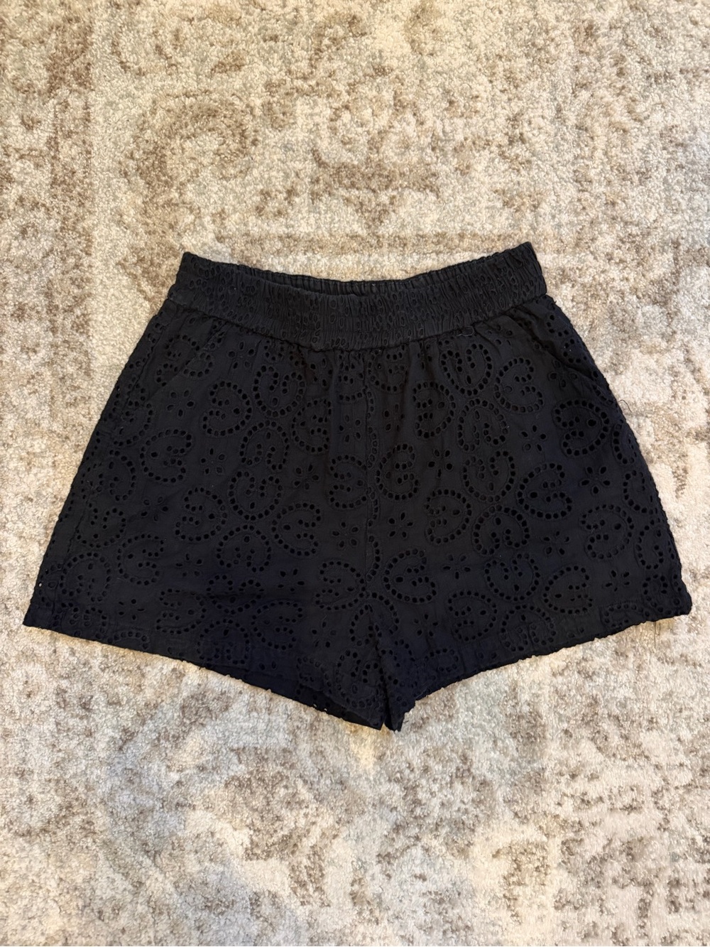 FRNCH Paris Black Eyelet Embroidered High-Waist Shorts M